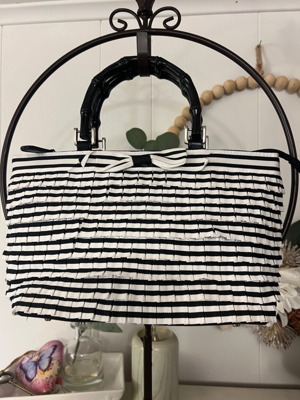 Black & White Striped Ruffle Top-Handle Bag